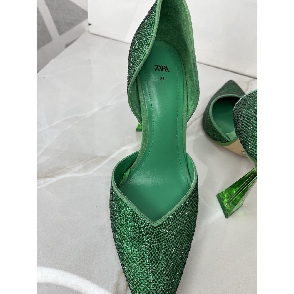 ZARA RHINESTONE HI HEEL STILETTO PUMPS SHOES GREEN SZ 37 Us 7 SLIP ON - Picture 10 of 10